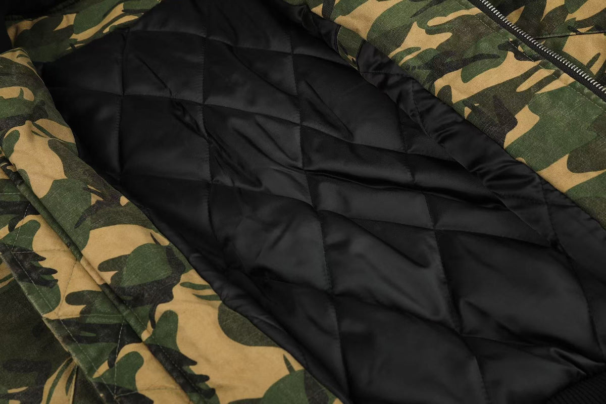 Vintage Camo Detachable Hood Bomber Jacket Zip‑Up Cargo Pocket Flight Jacket - OMYGOODS