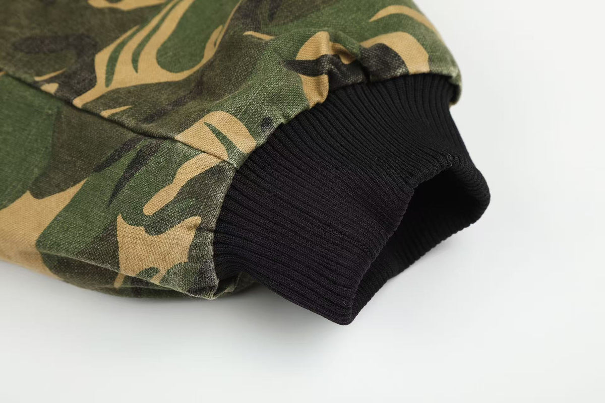 Vintage Camo Detachable Hood Bomber Jacket Zip‑Up Cargo Pocket Flight Jacket - OMYGOODS
