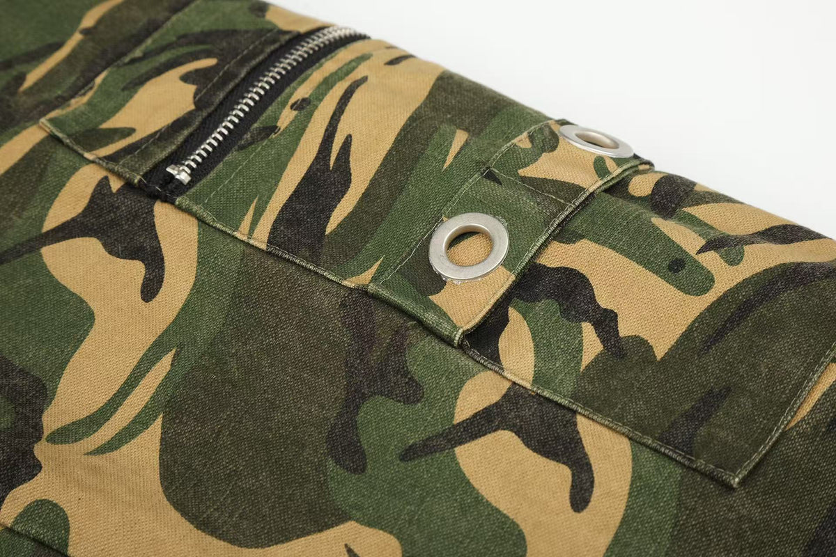 Vintage Camo Detachable Hood Bomber Jacket Zip‑Up Cargo Pocket Flight Jacket - OMYGOODS