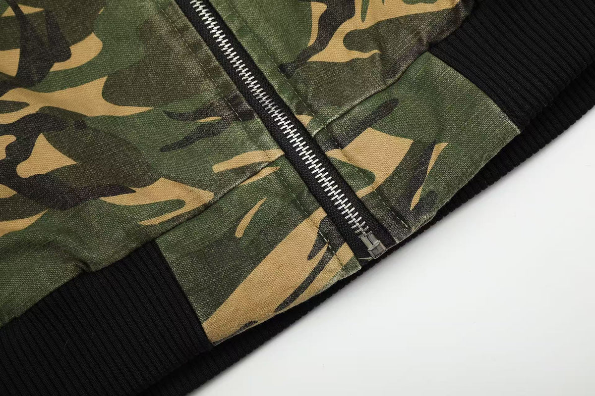 Vintage Camo Detachable Hood Bomber Jacket Zip‑Up Cargo Pocket Flight Jacket - OMYGOODS