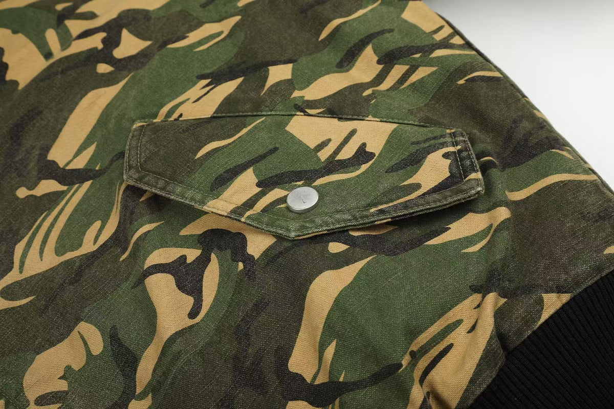 Vintage Camo Detachable Hood Bomber Jacket Zip‑Up Cargo Pocket Flight Jacket - OMYGOODS