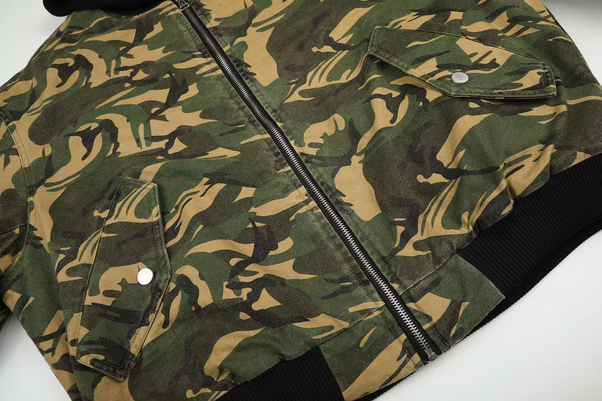 Vintage Camo Detachable Hood Bomber Jacket Zip‑Up Cargo Pocket Flight Jacket - OMYGOODS