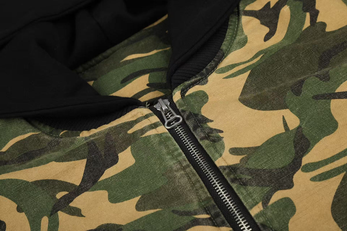 Vintage Camo Detachable Hood Bomber Jacket Zip‑Up Cargo Pocket Flight Jacket - OMYGOODS