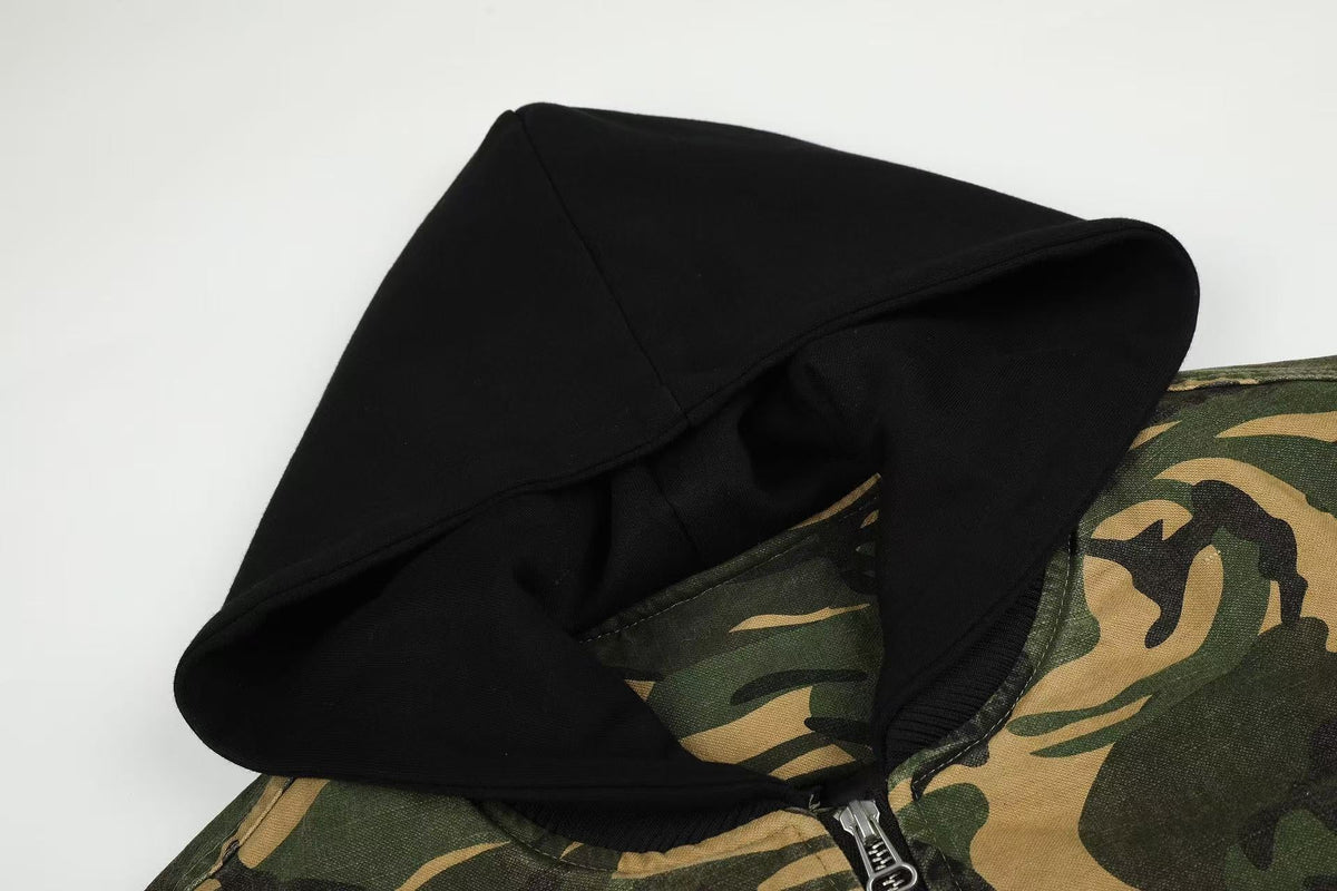Vintage Camo Detachable Hood Bomber Jacket Zip‑Up Cargo Pocket Flight Jacket - OMYGOODS