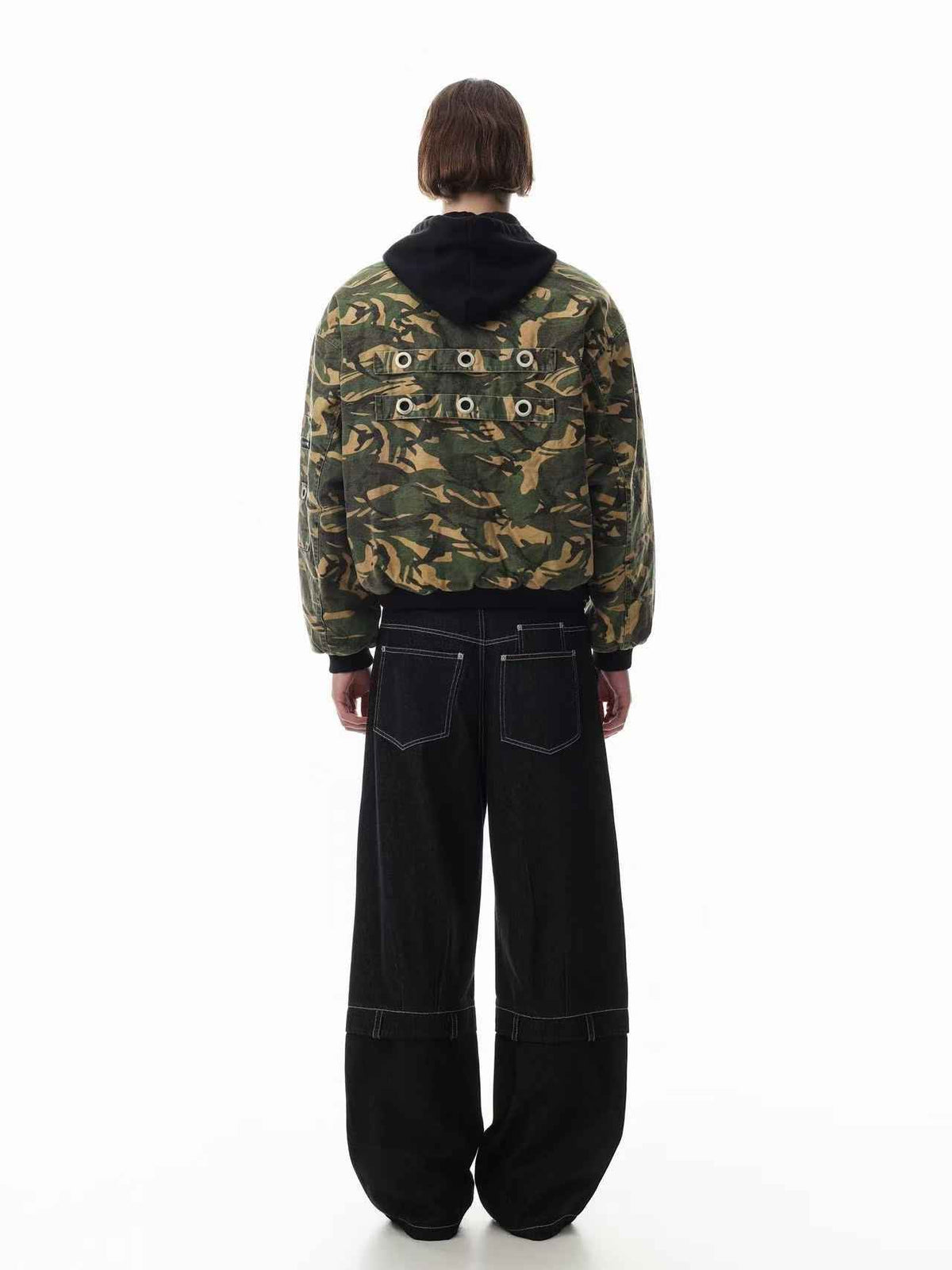 Vintage Camo Detachable Hood Bomber Jacket Zip‑Up Cargo Pocket Flight Jacket