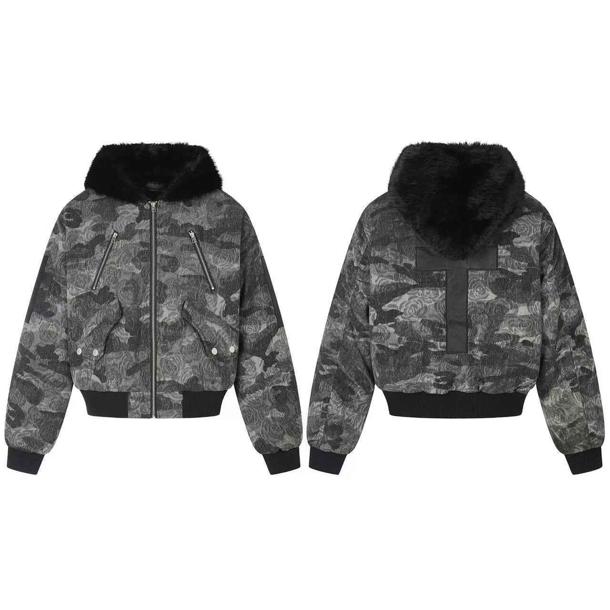 Vintage Rose Camo Faux Fur Hood Bomber Jacket