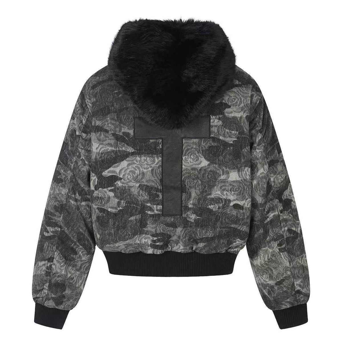 Vintage Rose Camo Faux Fur Hood Bomber Jacket