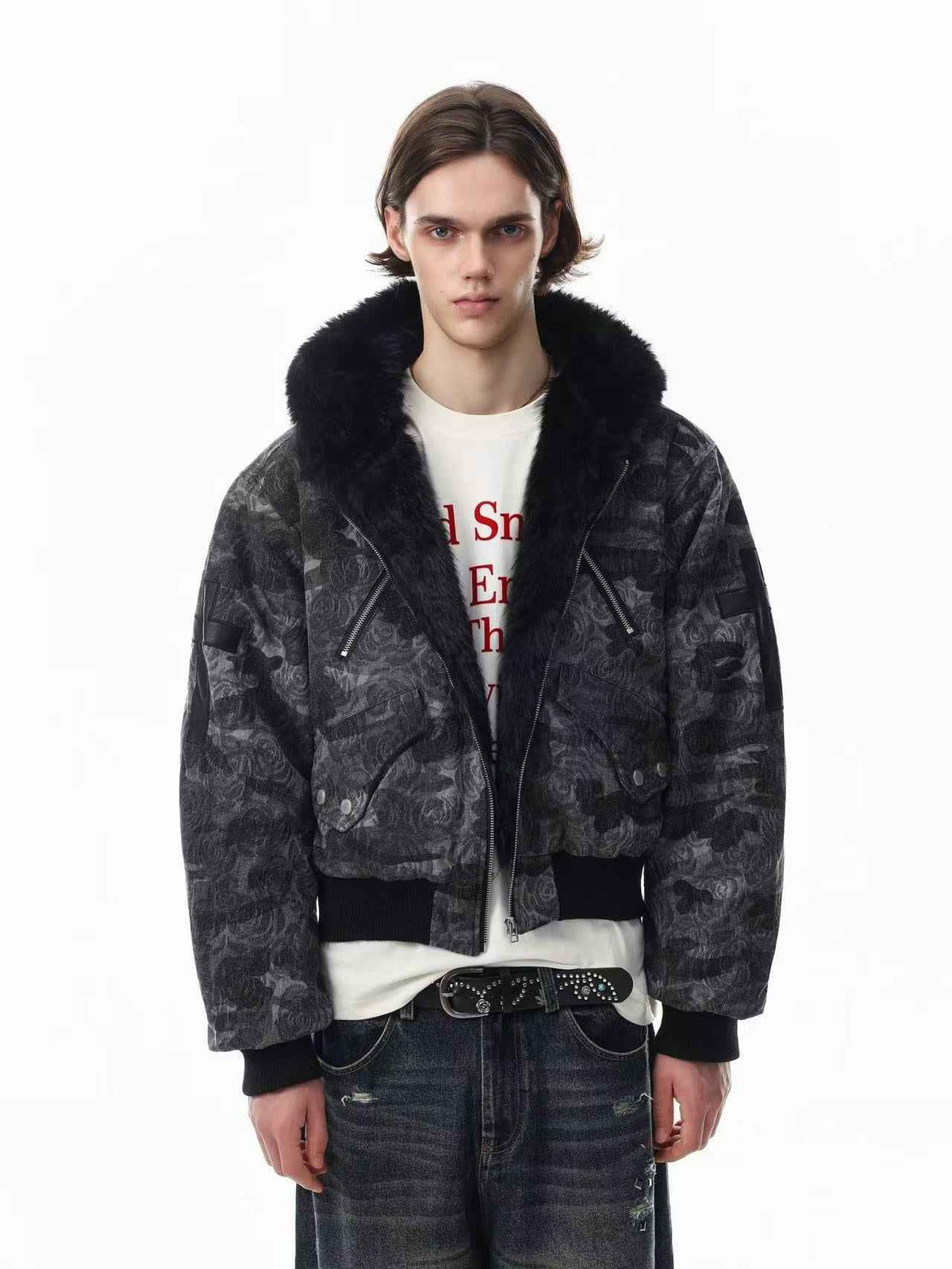 Vintage Rose Camo Faux Fur Hood Bomber Jacket