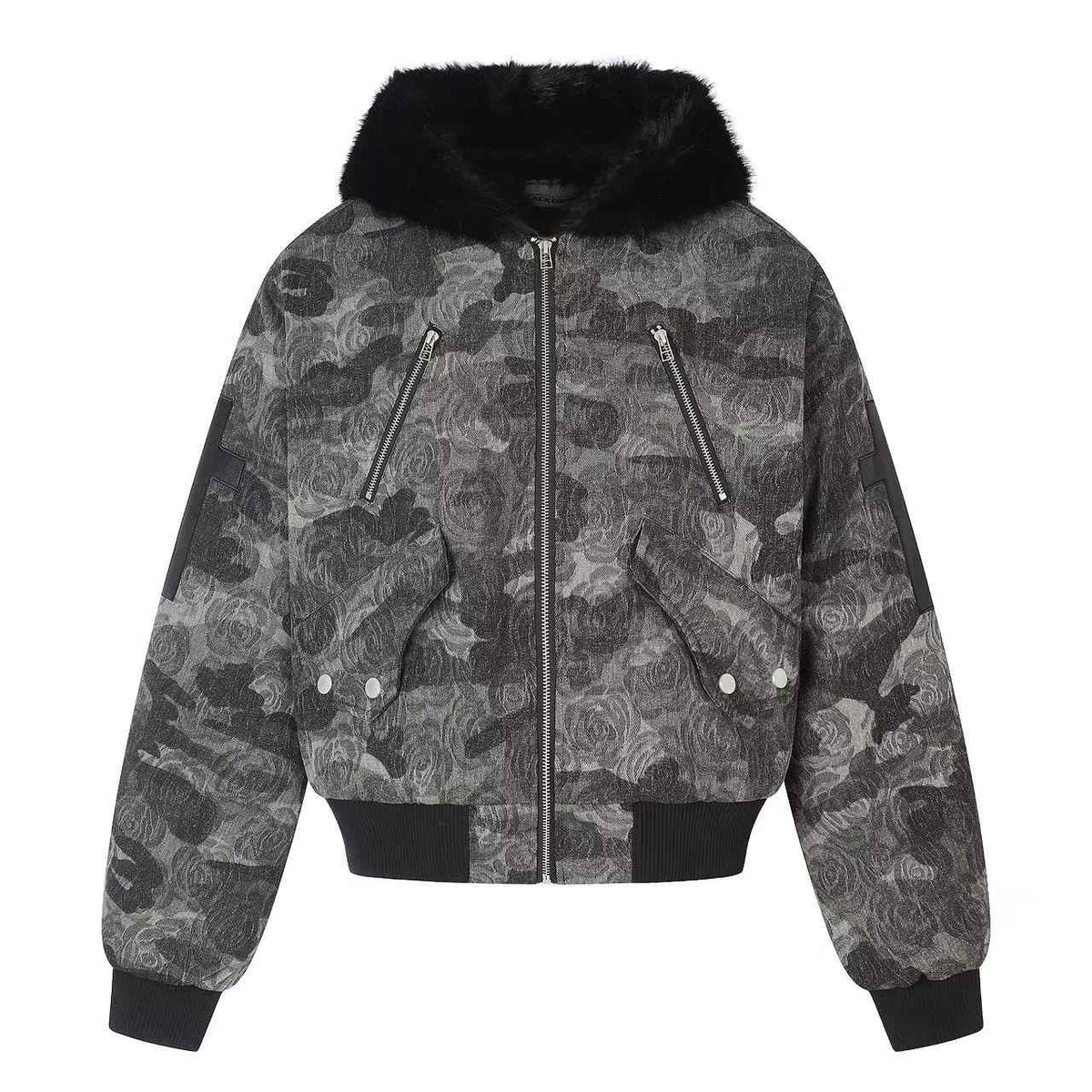 Vintage Rose Camo Faux Fur Hood Bomber Jacket
