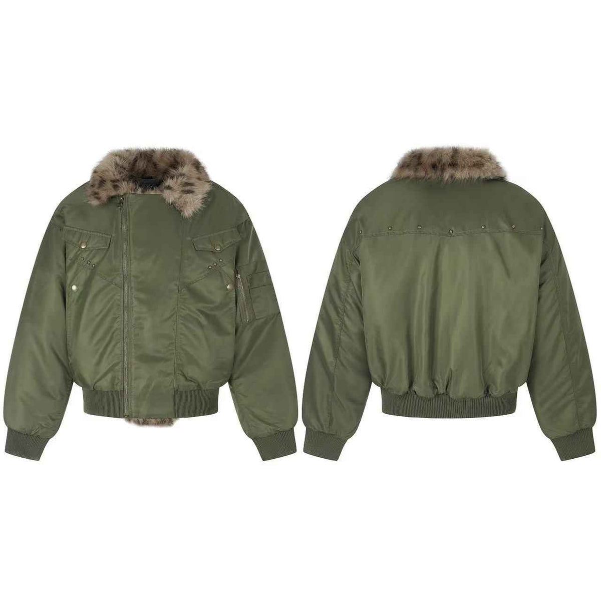 Olive Green Asymmetrical Zip Faux Leopard Fur Collar Bomber Jacket