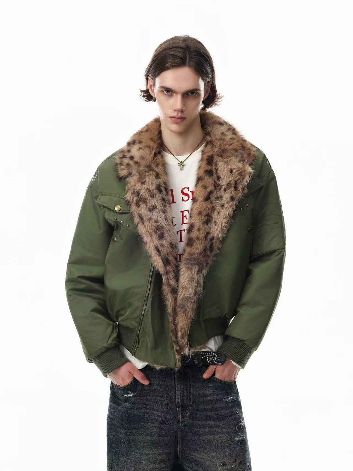 Olive Green Asymmetrical Zip Faux Leopard Fur Collar Bomber Jacket