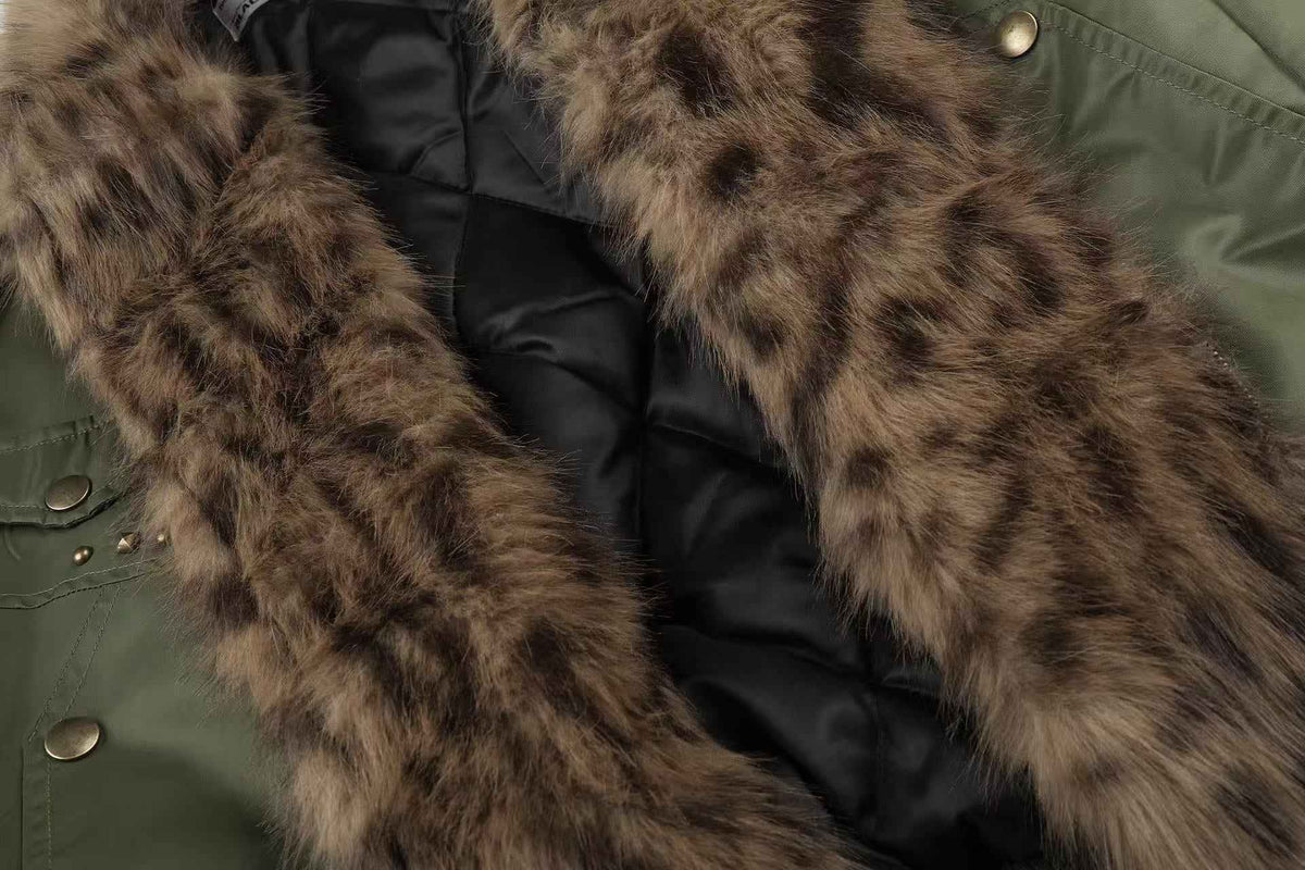 Olive Green Asymmetrical Zip Faux Leopard Fur Collar Bomber Jacket