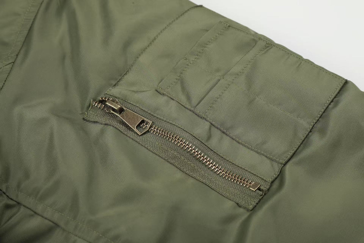 Olive Green Asymmetrical Zip Faux Leopard Fur Collar Bomber Jacket - OMYGOODS