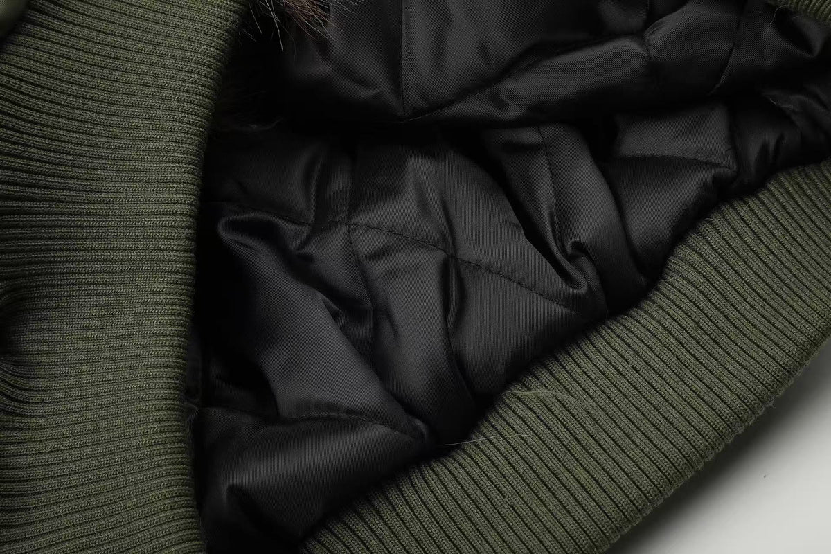 Olive Green Asymmetrical Zip Faux Leopard Fur Collar Bomber Jacket - OMYGOODS