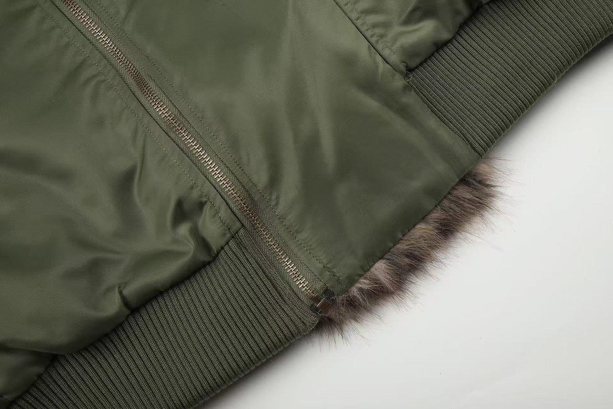 Olive Green Asymmetrical Zip Faux Leopard Fur Collar Bomber Jacket - OMYGOODS