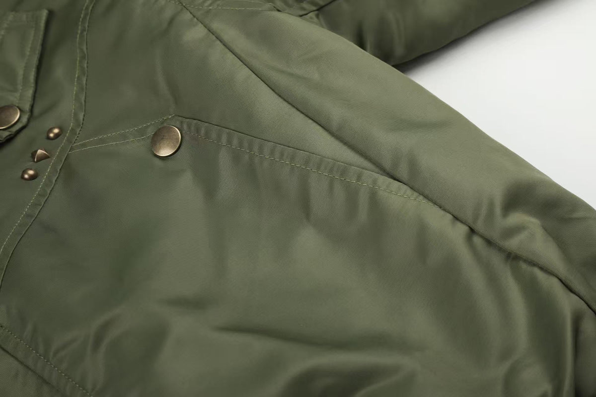 Olive Green Asymmetrical Zip Faux Leopard Fur Collar Bomber Jacket - OMYGOODS