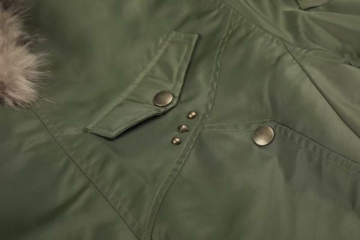 Olive Green Asymmetrical Zip Faux Leopard Fur Collar Bomber Jacket - OMYGOODS