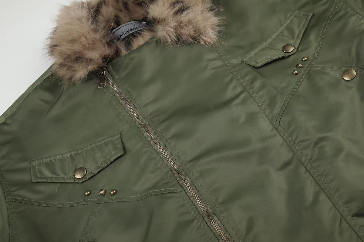 Olive Green Asymmetrical Zip Faux Leopard Fur Collar Bomber Jacket - OMYGOODS