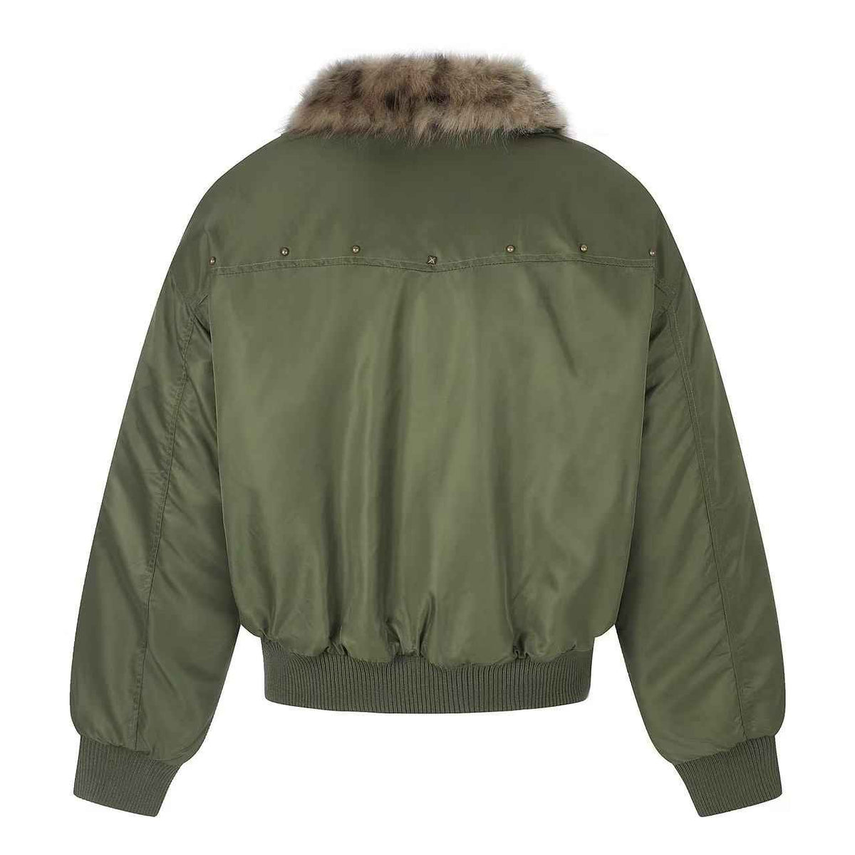 Olive Green Asymmetrical Zip Faux Leopard Fur Collar Bomber Jacket