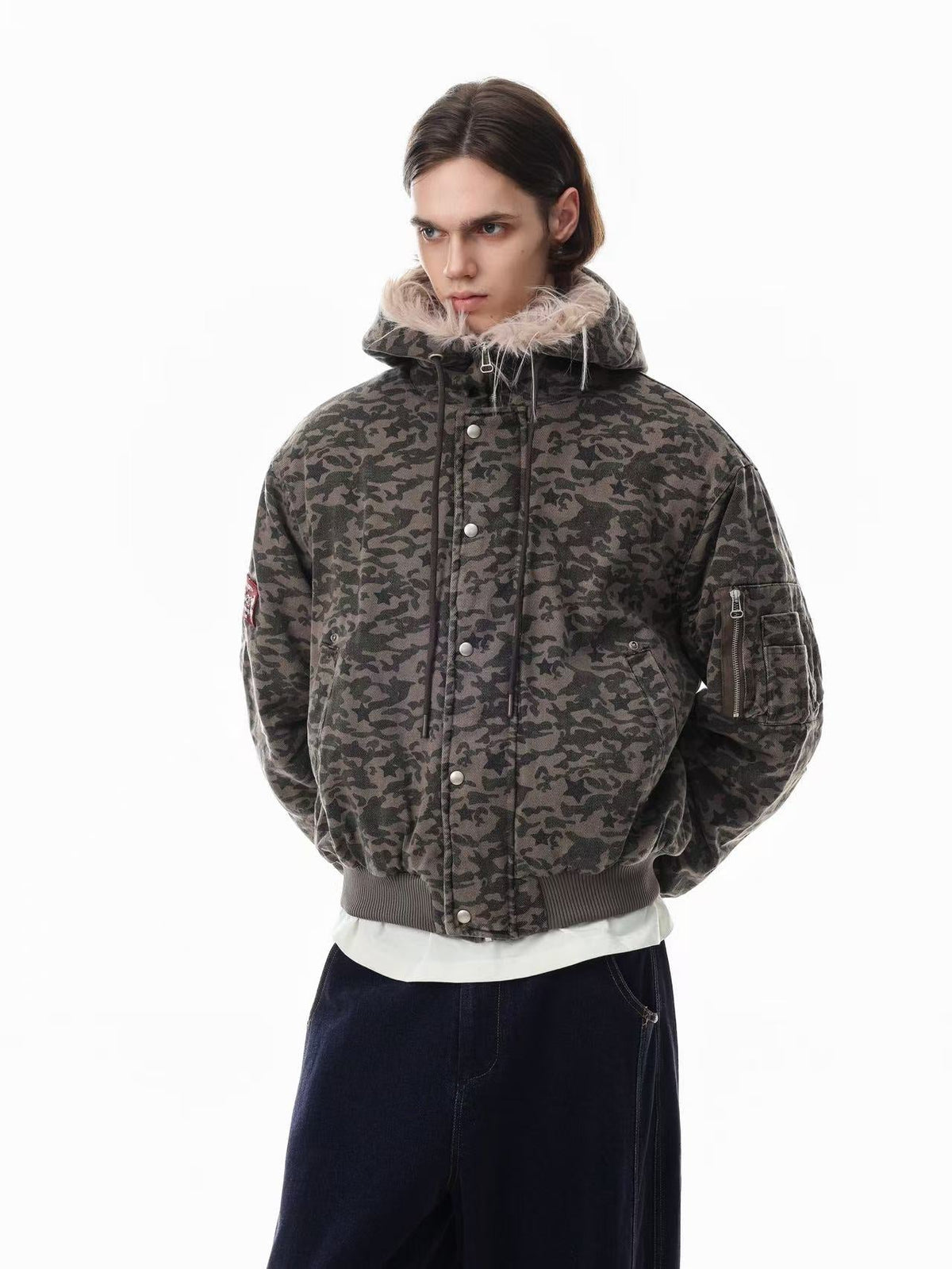 Star Camo Faux Fur Lined Hood Bomber Jacket - OMYGOODS