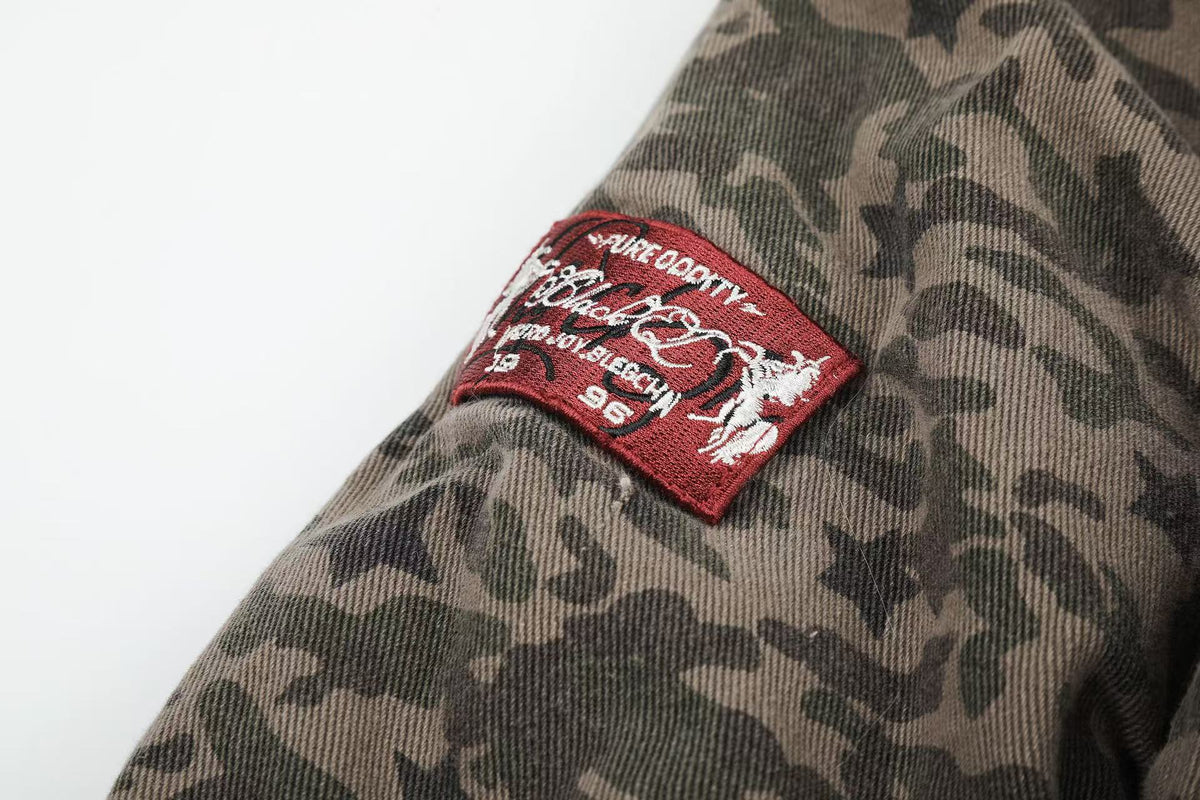 Star Camo Faux Fur Lined Hood Bomber Jacket - OMYGOODS