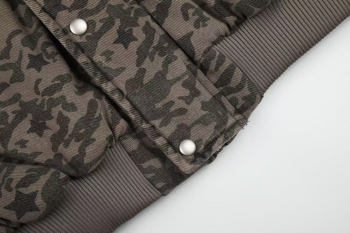 Star Camo Faux Fur Lined Hood Bomber Jacket - OMYGOODS