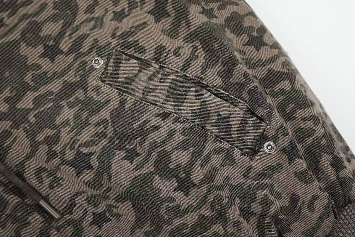 Star Camo Faux Fur Lined Hood Bomber Jacket - OMYGOODS