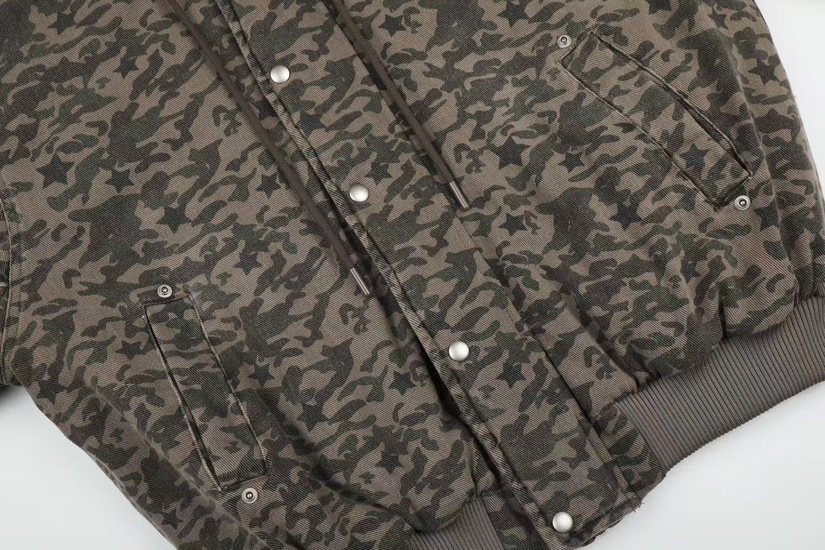 Star Camo Faux Fur Lined Hood Bomber Jacket - OMYGOODS