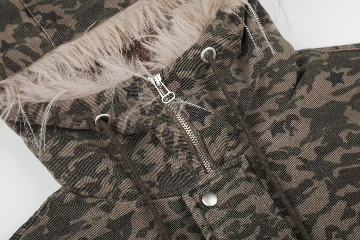 Star Camo Faux Fur Lined Hood Bomber Jacket - OMYGOODS