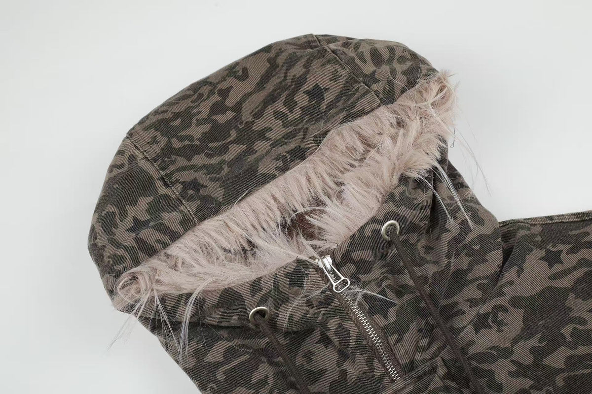 Star Camo Faux Fur Lined Hood Bomber Jacket - OMYGOODS
