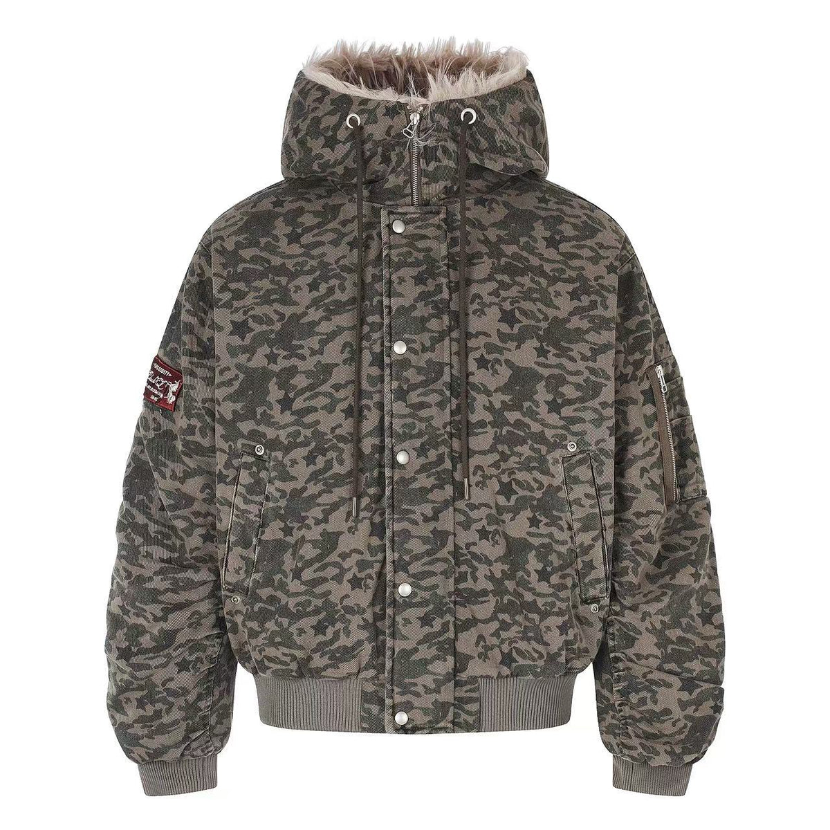 Star Camo Faux Fur Lined Hood Bomber Jacket - OMYGOODS
