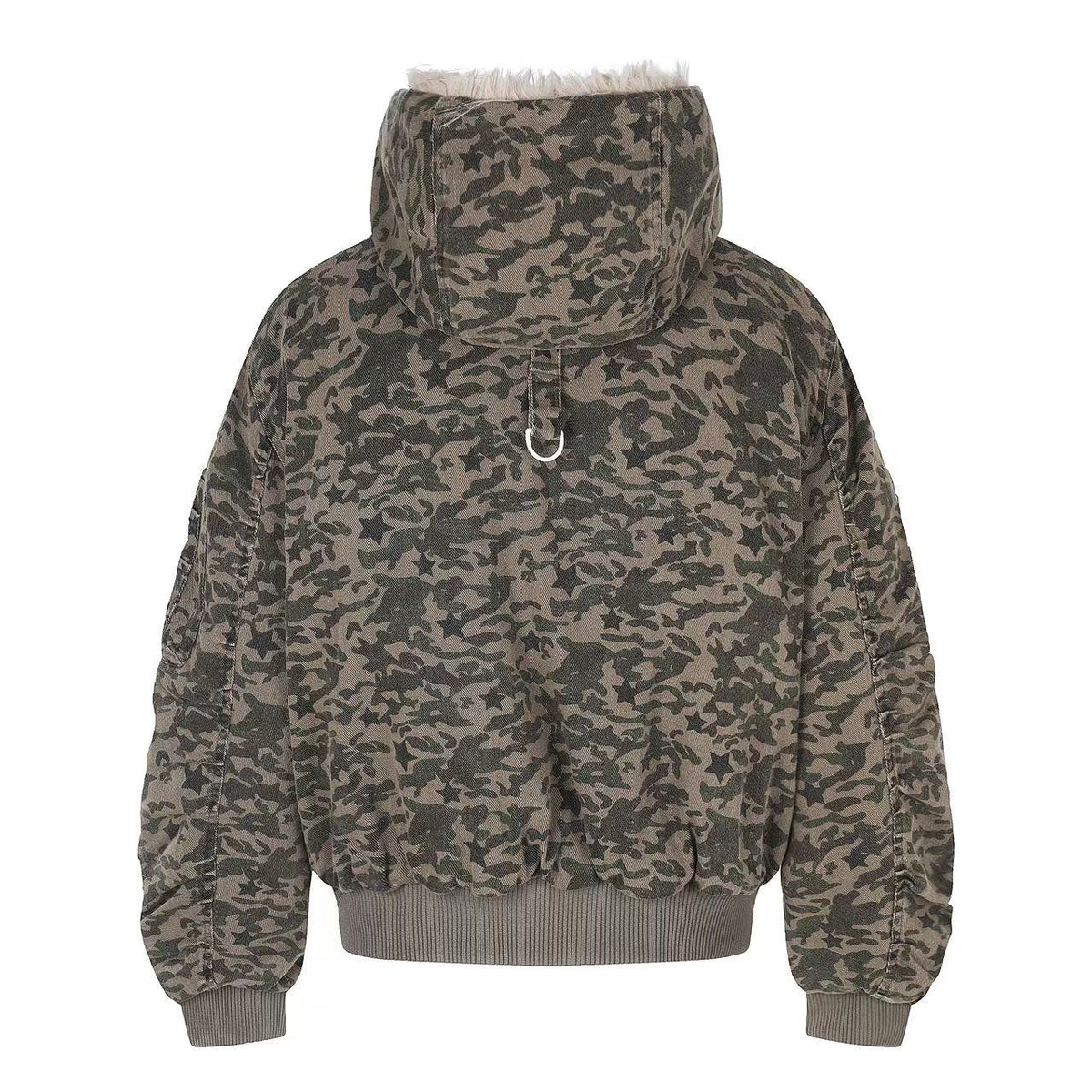 Star Camo Faux Fur Lined Hood Bomber Jacket - OMYGOODS