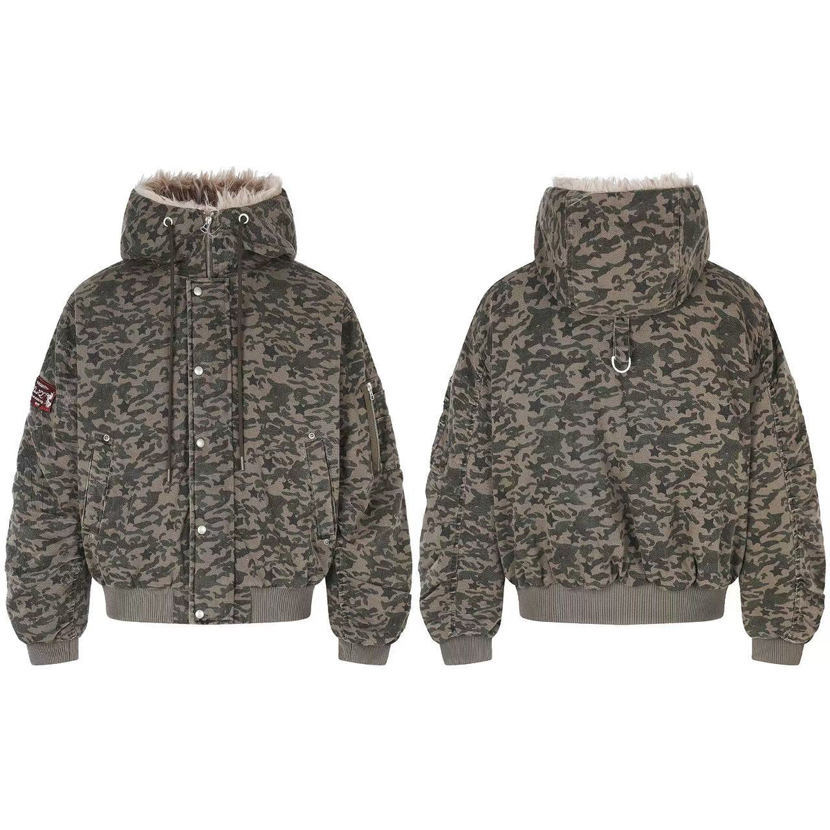 Star Camo Faux Fur Lined Hood Bomber Jacket - OMYGOODS