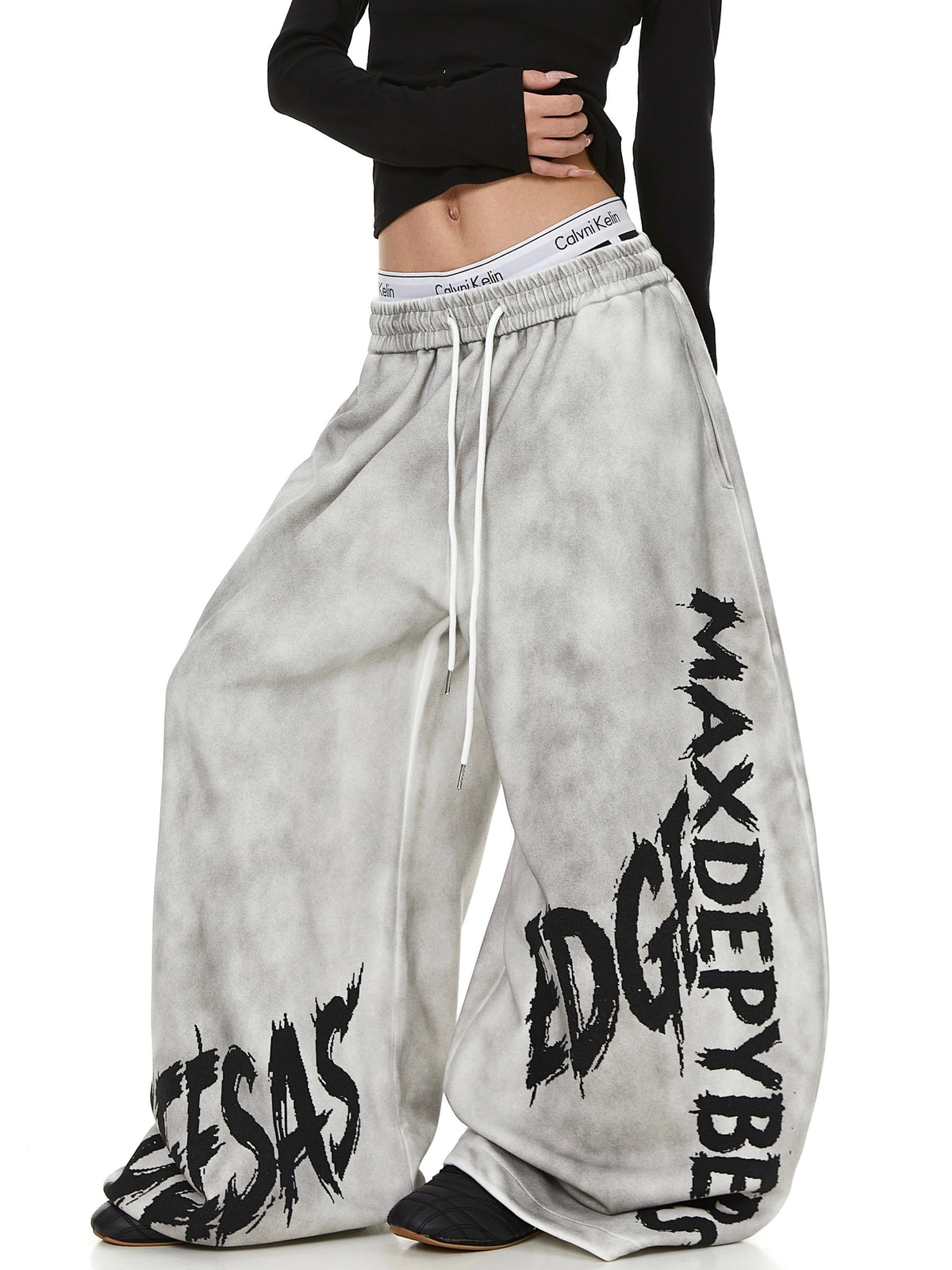 Wash Grunge Brush Letter Print Wide-Leg Sweatpants - OMYGOODS