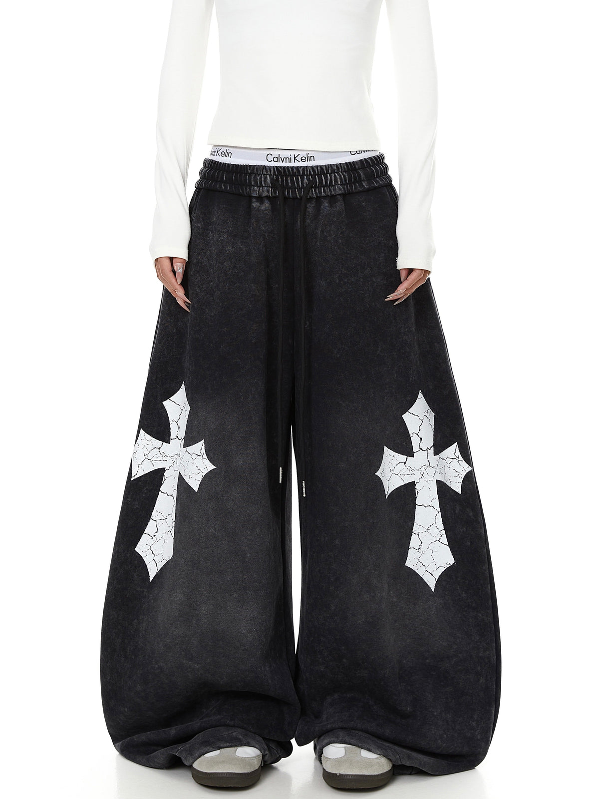 Washed Cracked Cross Baggy Wide-Leg Sweatpants - OMYGOODS