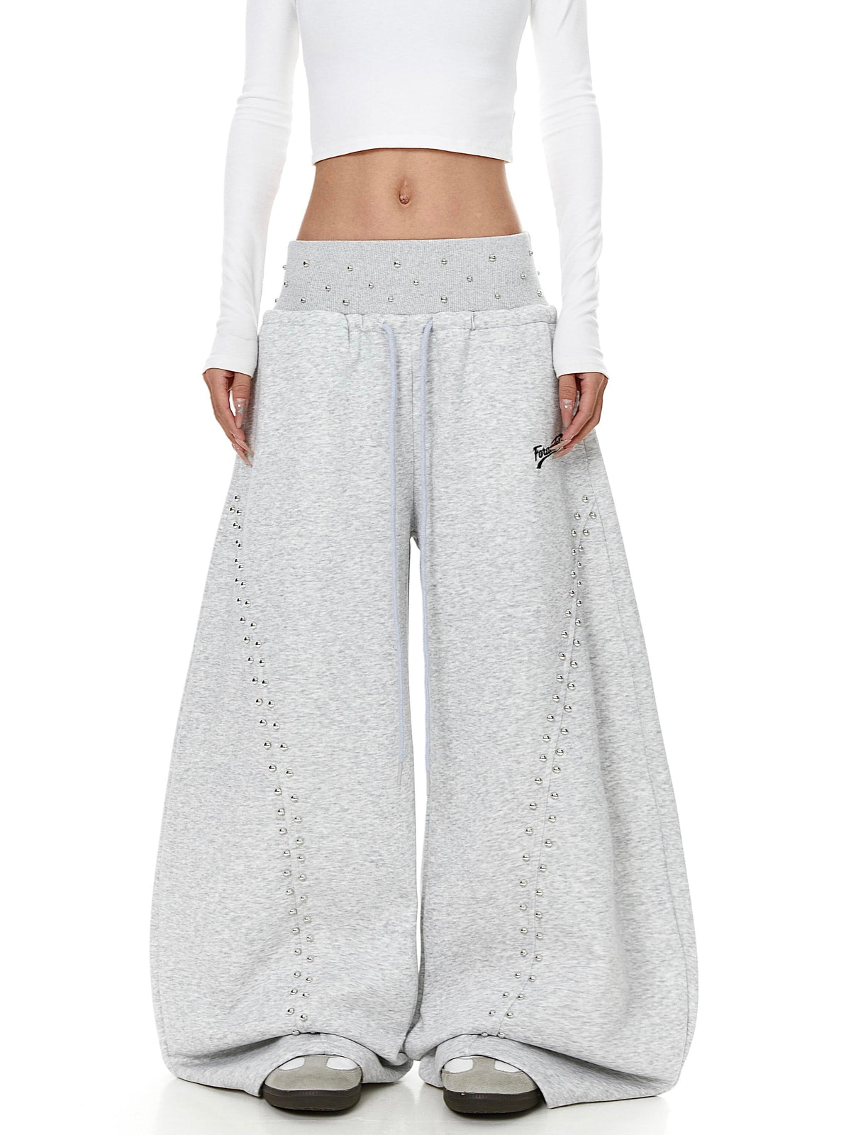 Rhinestone Studded Side Seam Arc Wide-Leg Sweatpants - OMYGOODS