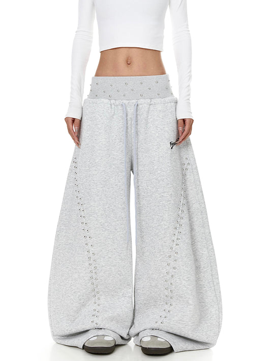 Rhinestone Studded Side Seam Arc Wide-Leg Sweatpants - OMYGOODS