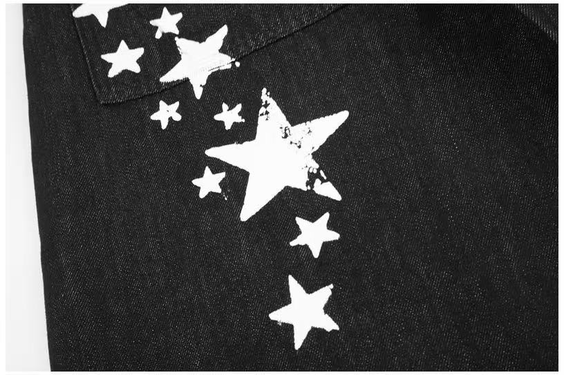 Vintage Star & Script Letter Print Black Baggy Wide Leg Jeans - OMYGOODS