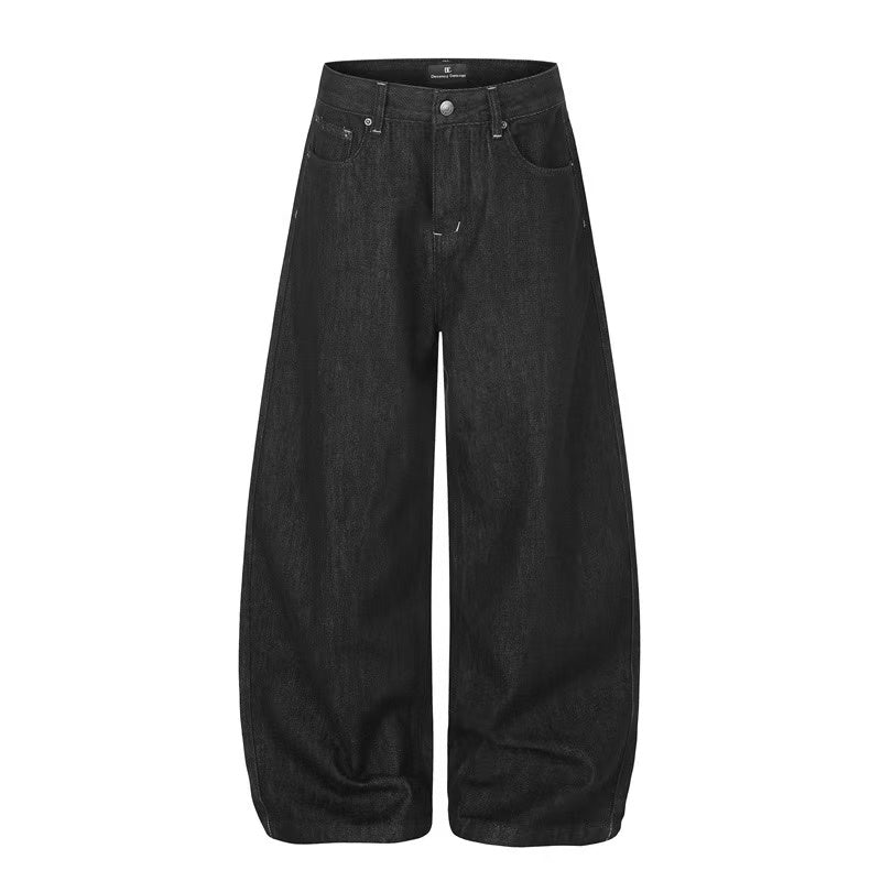Vintage Star & Script Letter Print Black Baggy Wide Leg Jeans - OMYGOODS