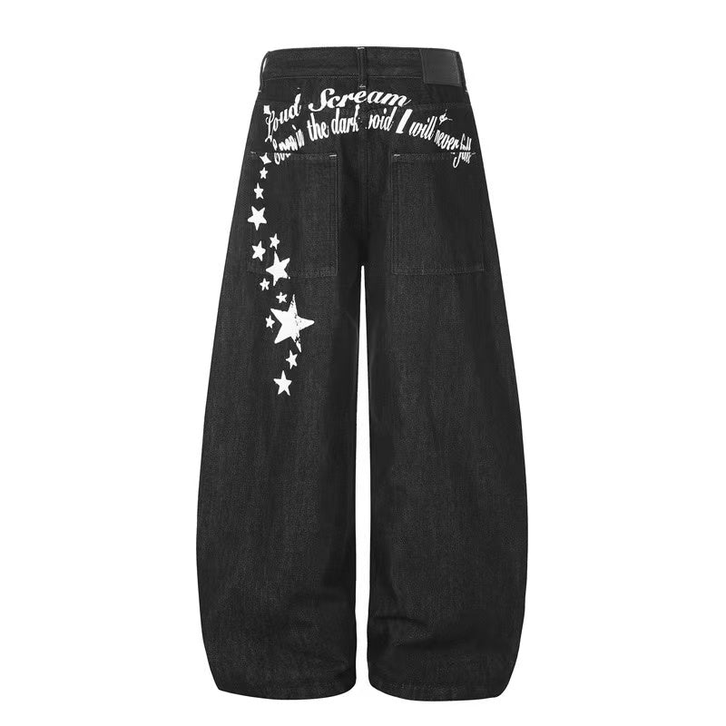 Vintage Star & Script Letter Print Black Baggy Wide Leg Jeans - OMYGOODS
