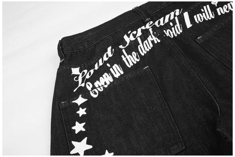 Vintage Star & Script Letter Print Black Baggy Wide Leg Jeans - OMYGOODS