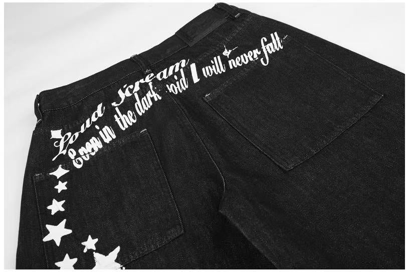 Vintage Star & Script Letter Print Black Baggy Wide Leg Jeans - OMYGOODS
