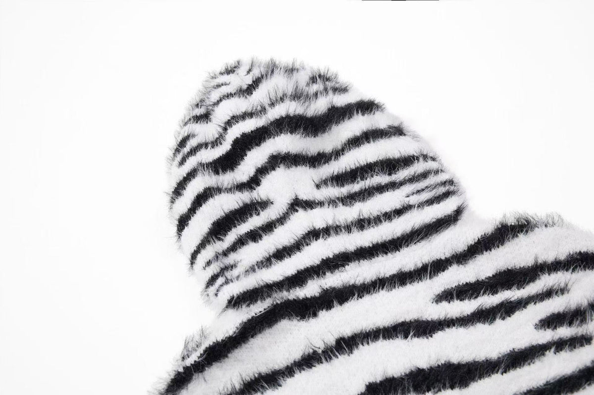 Zebra Stripe Fuzzy Zip Up Hooded - OMYGOODS