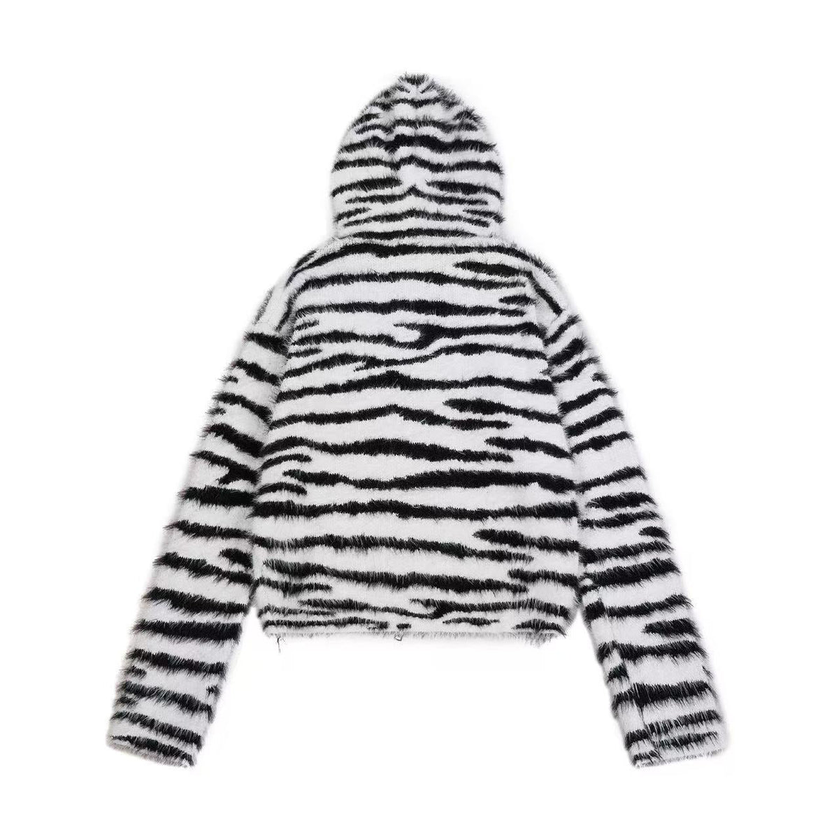 Zebra Stripe Fuzzy Zip Up Hooded - OMYGOODS