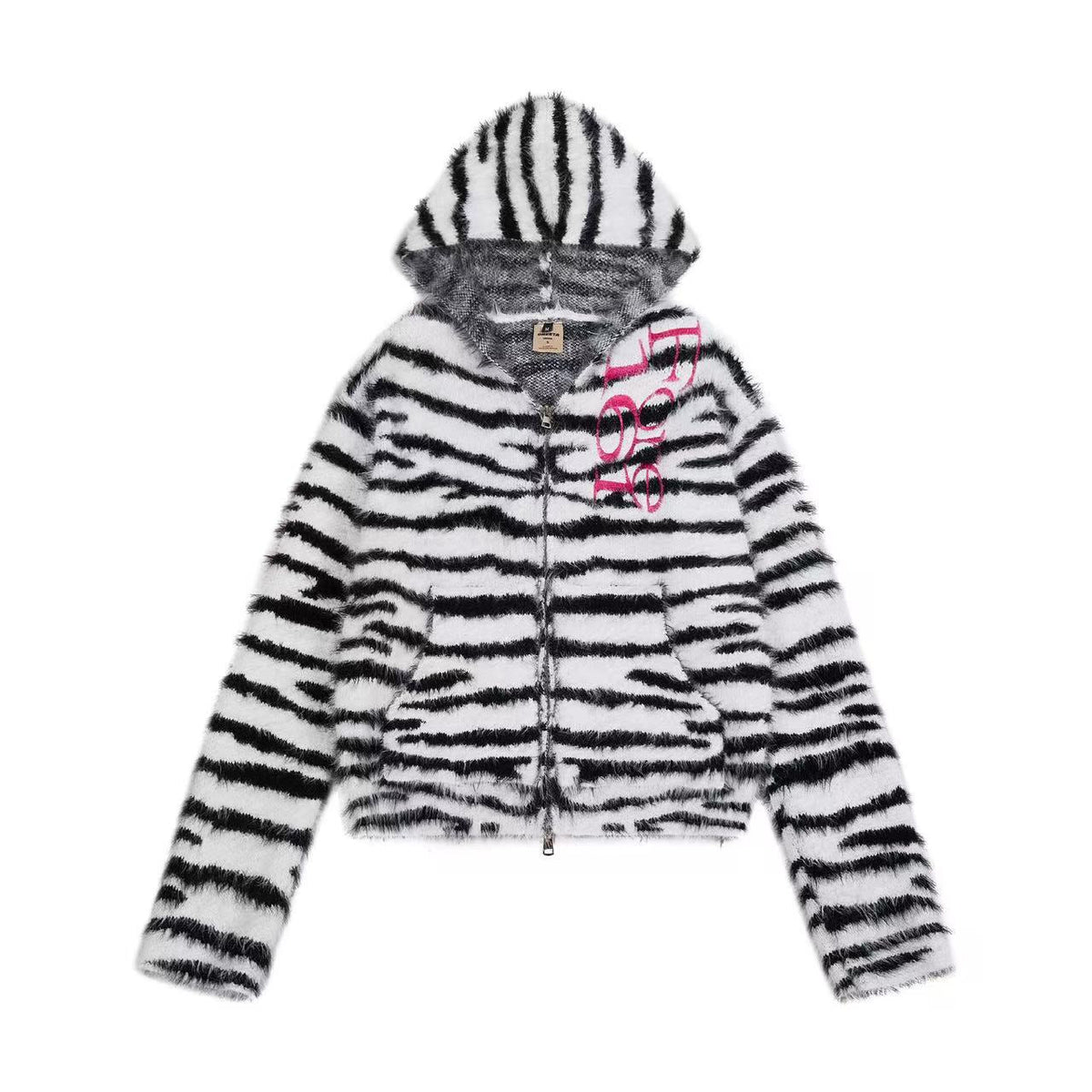 Zebra Stripe Fuzzy Zip Up Hooded - OMYGOODS