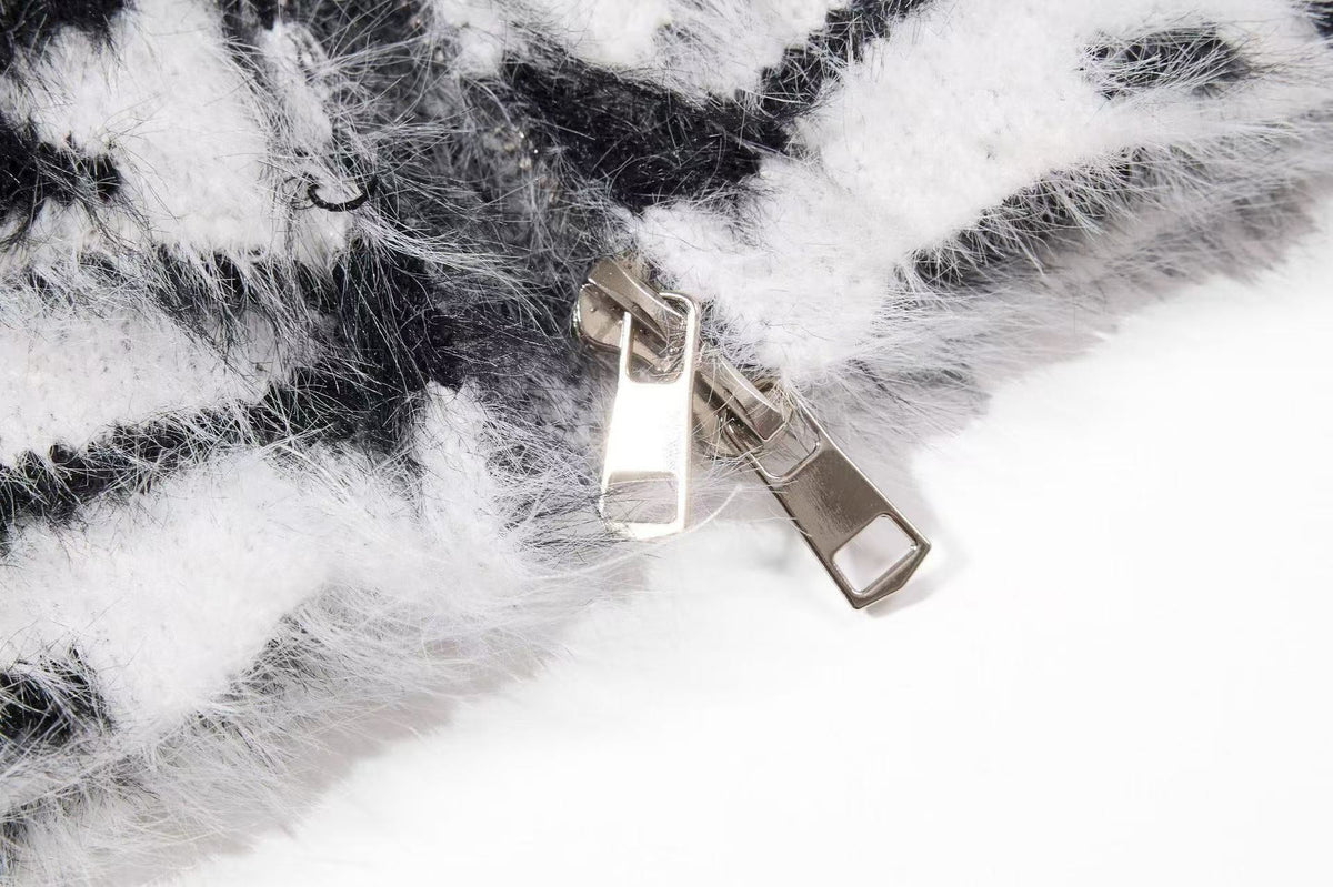 Zebra Stripe Fuzzy Zip Up Hooded - OMYGOODS