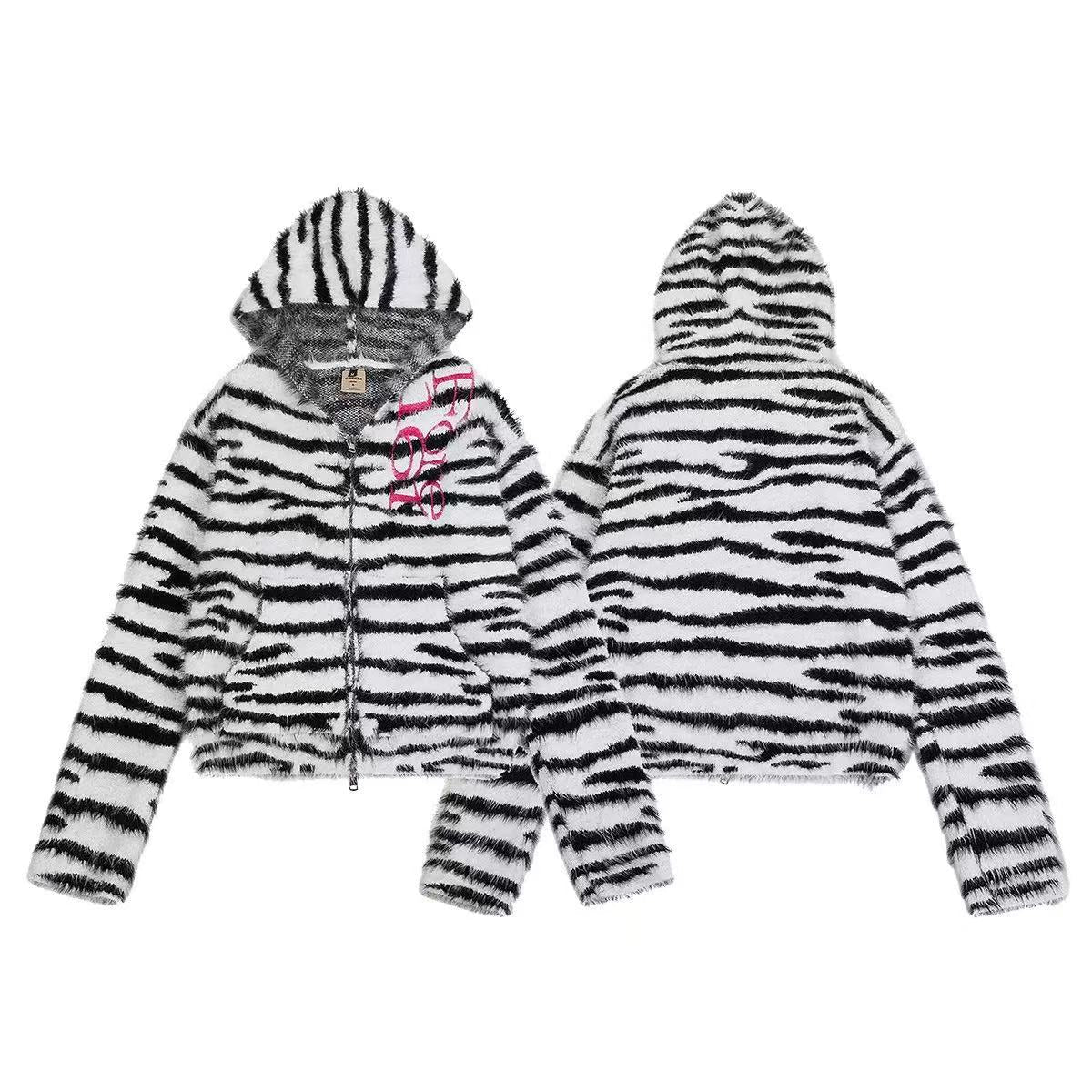 Zebra Stripe Fuzzy Zip Up Hooded - OMYGOODS