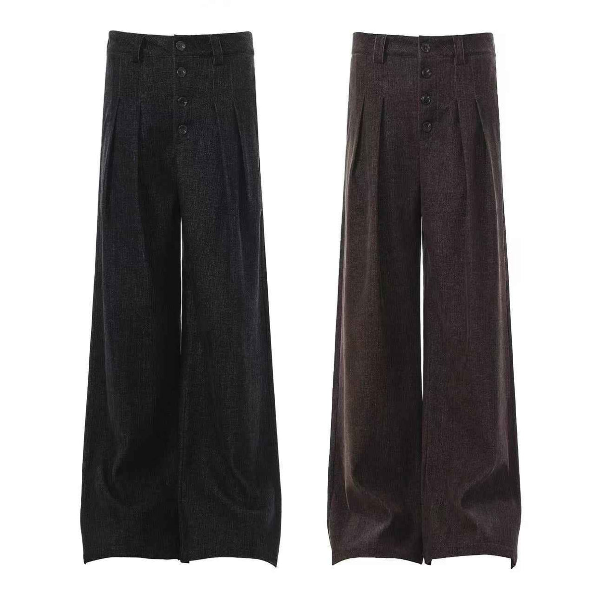 High Waist Button Front Pleated Wide Leg Wool Blend Suit Pants