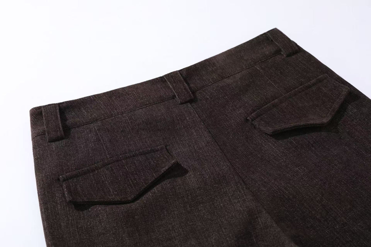 High Waist Button Front Pleated Wide Leg Wool Blend Suit Pants - OMYGOODS