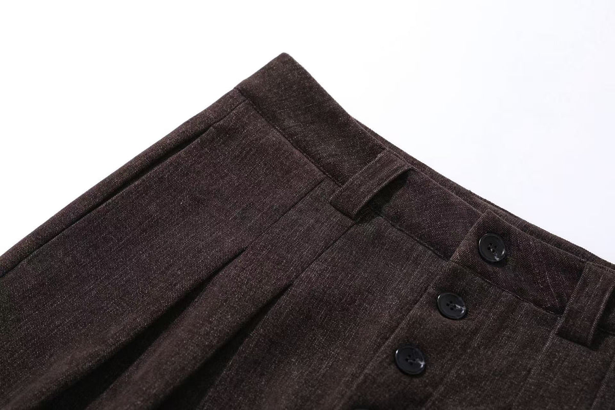 High Waist Button Front Pleated Wide Leg Wool Blend Suit Pants - OMYGOODS